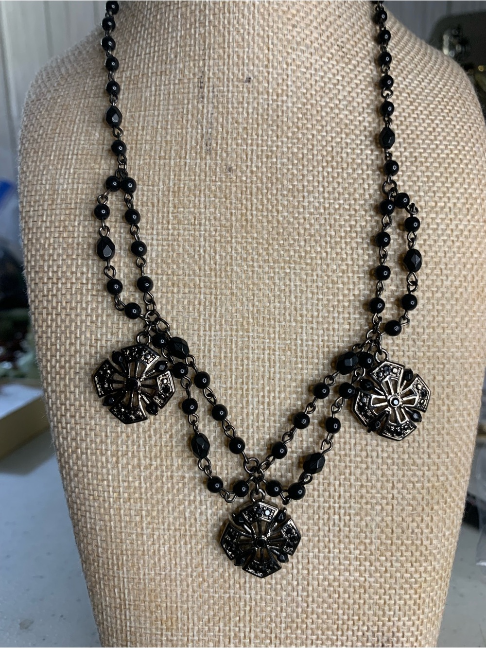 Bijoux Terner Black Beaded Triple Medallion Necklace with Rhinestones